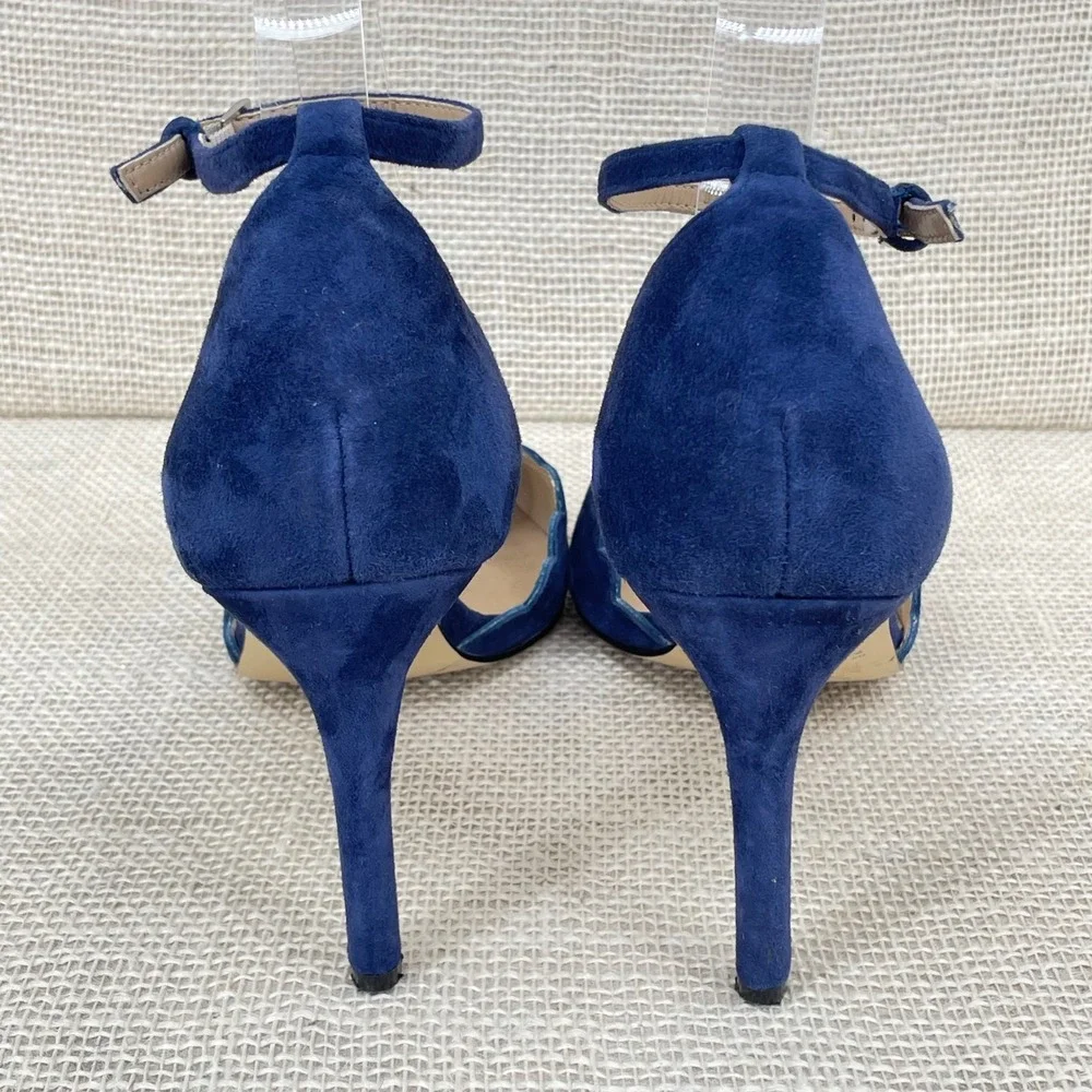 Adrienne Vittadini Blue Suede Scalloped‎ Ankle Strap Heels AV-NENI Womens 10M